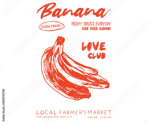 Fresh service everyday. Organic food artwork for for t shirt and poster. Banana love club. Banana retro art. Nature fruit club print design.