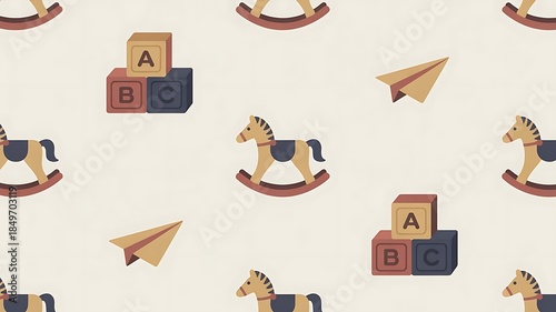 Whimsical nursery pattern with rocking horses and alphabet blocks