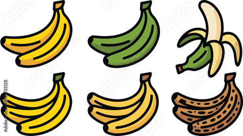 Collection of bananas in various stages of ripeness, yellow green and spotted fruit, healthy natural snack with vitamins