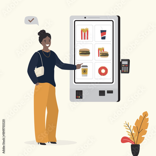Female character places their fast food order at modern touchscreen kiosk. Customer girl selects food from specialized online vending machine. Technology of food order
