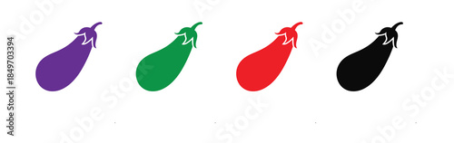 Vibrant eggplant icons in purple, green, red, and black colors . Eggplant vegetable simple icon graphic.