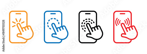 Hand touch screen smartphone. Mobile phone touch screen icon. Click on the smartphone. Vector illustration.