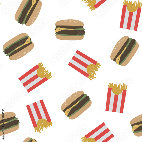 Fast food seamless pattern. Texture with burger and french fries on white background. Unhealthy eating concept, wallpaper template. Fat, calorie, unhealthy snacking.