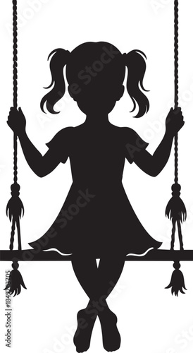 Silhouette of child with pigtails sitting on swing, ideal for childhood, innocence, outdoor play, and graphic design themes