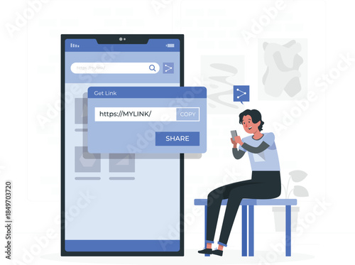 Person sitting on stool holding phone next to large smartphone with link sharing pop up share