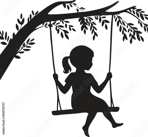 Silhouette of child with pigtails sitting on swing, ideal for childhood, innocence, outdoor play, and graphic design themes