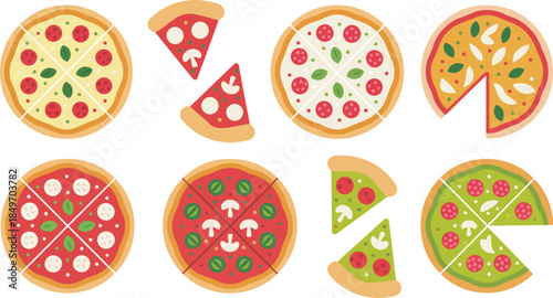 Collection of various pizzas and slices with different toppings and crusts, flat lay style on transparent background
