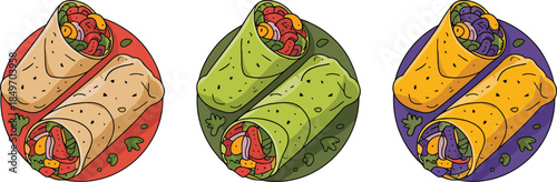 Delicious shawarma wraps filled with colorful vegetables served on plates with different backgrounds vector illustration