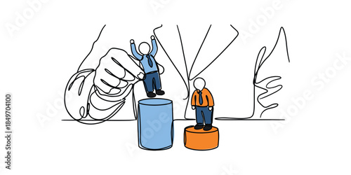 Illustrator vector single continuous line drawing of a big hand lifting a successful employee on a high podium while another stands low. Minimalist sketch concept for career promotion