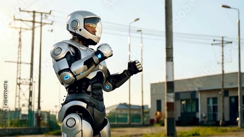 RoboCop stands guard in a gritty urban environment with power lines overhead.