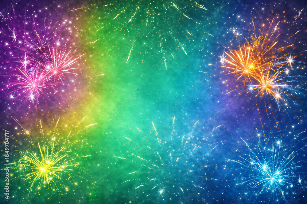 Fototapeta premium Vibrant colorful fireworks exploding in a bright night sky with green blue and purple colors for a festive celebration of new year or holiday event