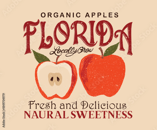 Florida local market apple design. Apple fruit club. Fresh Sweet and juicy apple t shirt artwork. Fresh product.