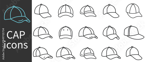 Baseball cap icon set black line style. Cap icon set. Baseball cap vector illustration. 