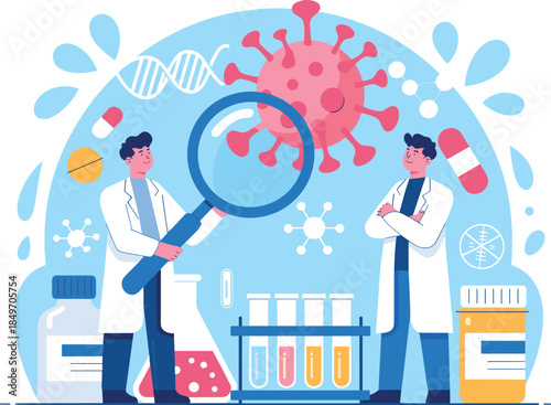 Scientists examining a magnified virus magnifying glass