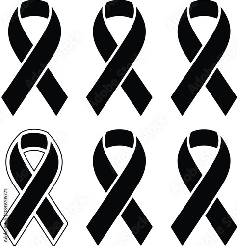 Six Black Awareness Ribbons in Style symbol