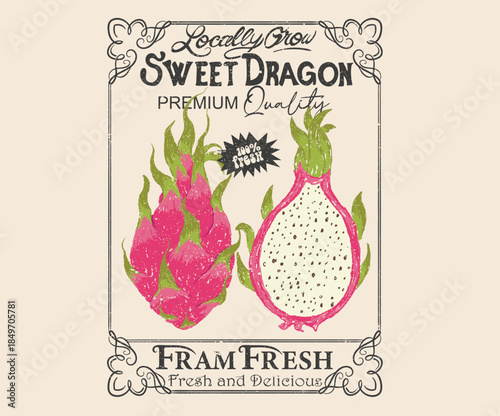 Sweet fruit poster design. Organic dragon fruit design for poster, sticker, apparel and others. Farmar market design. Locally grow organic dragon.