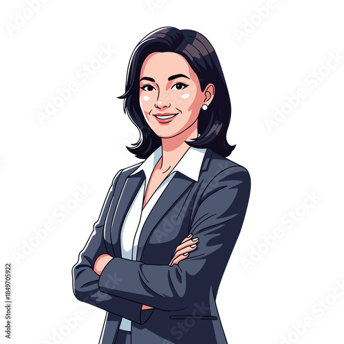 Confident businesswoman in suit smiling.