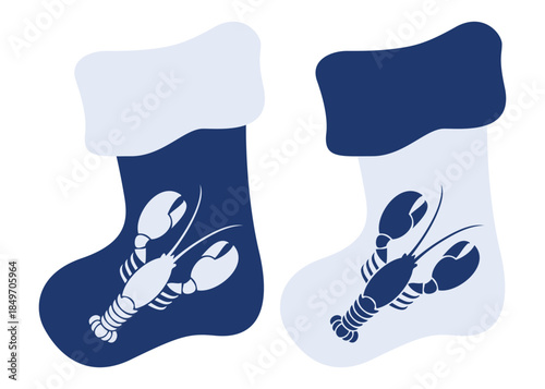 Logo nautical. Silueta de bogavante en calcetín de Santa Claus para tarjetas y felicitaciones de Navidad