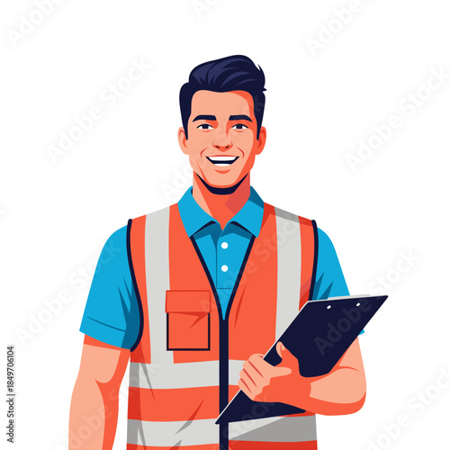 Engineer with clipboard construction worker safety vest.