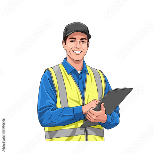 worker in yellow safety vest holding tablet.