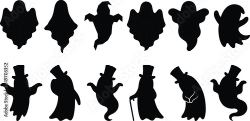 Halloween ghost silhouettes set, spooky cartoon spirits black white vector illustration collection