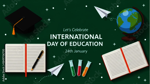 Inspiring illustration for the International Day of Education, featuring a globe, books, and graduation cap, symbolizing worldwide learning and achievement and celebrating global knowledge