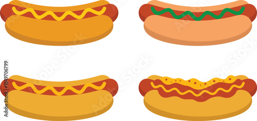 Hot dog cartoon set with mustard and ketchup toppings various styles of classic fast food meal snack street food