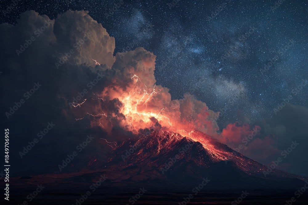 Fototapeta premium Celestial Inferno - A Luminous Storm Cloud Burns Against the Milky Way.