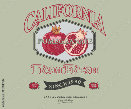 Organic fruit poster design. Fresh pomegranate fruit print. Pomegranate fruit artwork.