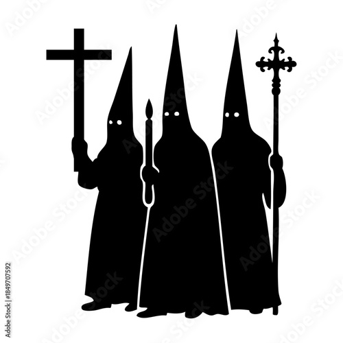 Dibujo con silueta de una procesión de Semana Santa española con figuras encapuchadas y cruces 