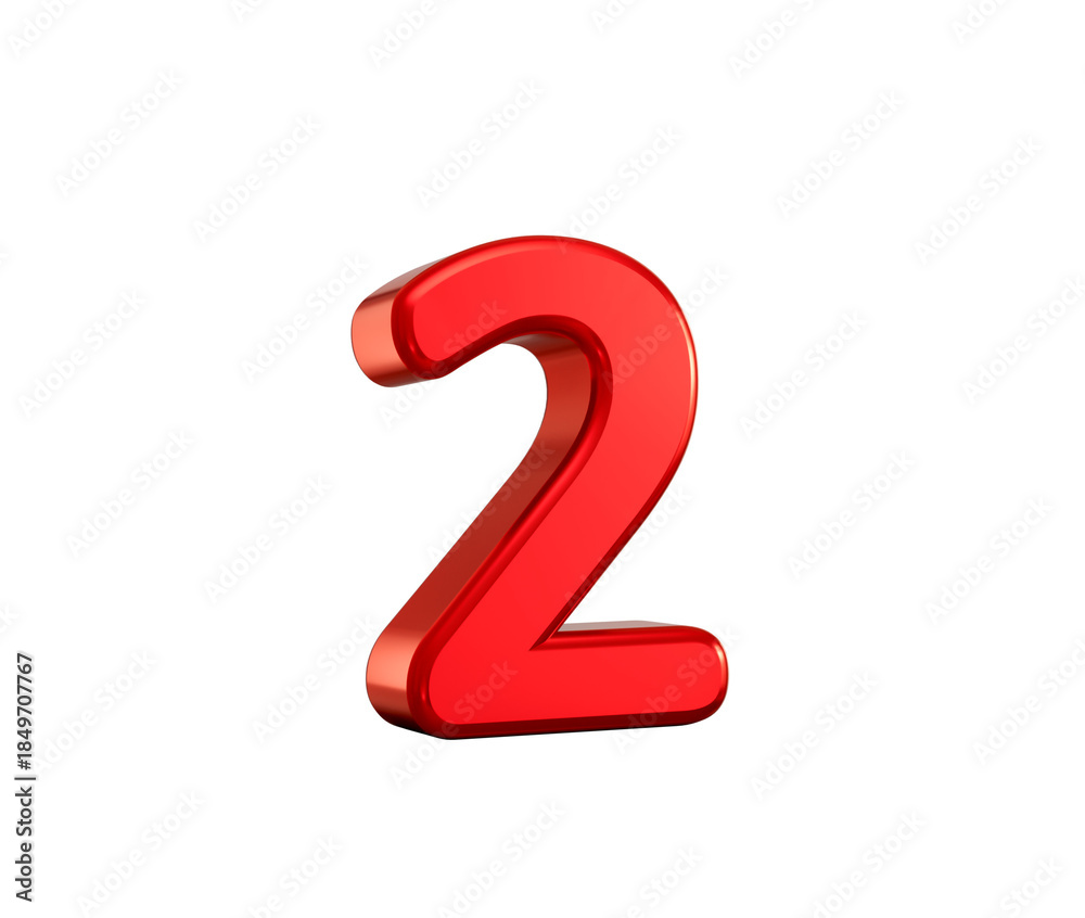 Fototapeta premium Polished red number two with rounded shape and reflective surface, 3d illustration