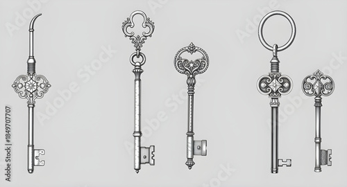 set of vintage keys, antique key collection, old metal keys isolated, retro skeleton keys set, classic iron keys bundle, Victorian style keys vector, rustic antique keys illustration, medieval door ke