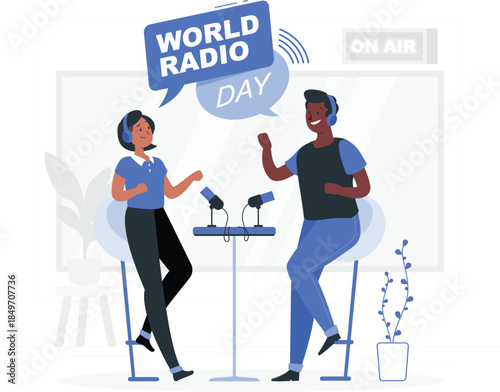 Radio Day with two people wearing headphones and talking at microphones podcast