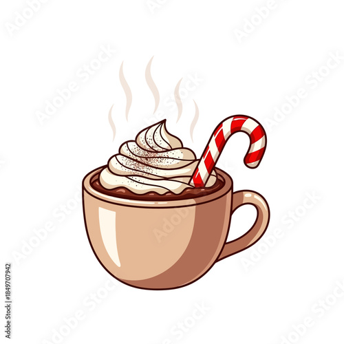 Cozy mug of hot chocolate with whipped cream and candy cane