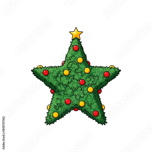 Vibrant Christmas star tree with red and yellow ornaments and gold star