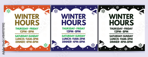 Cuadro en lienzo Winter Hours Signs With Snowmen And Snowflakes Opening Hours Template