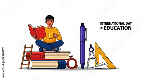 International Day of Education illustration, boy reading book on stack of books with stationery on white background, creative concept