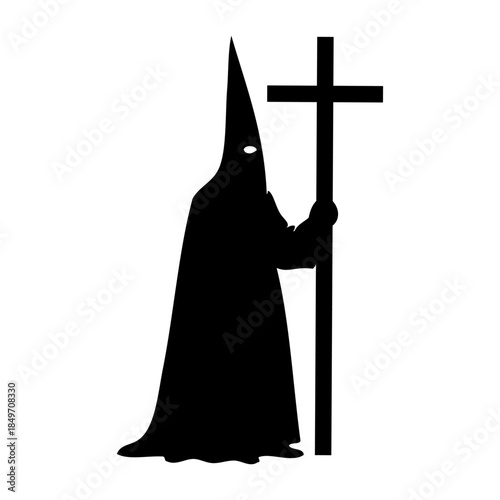 Dibujo con silueta de una procesión de Semana Santa española con una figura encapuchada y una cruz 