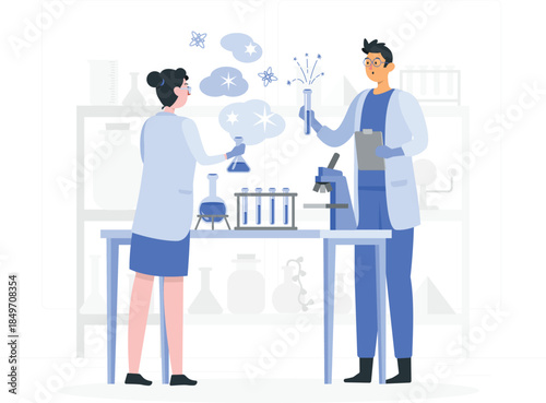 Scientists in lab coats working with test tubes and microscope laboratory desig
