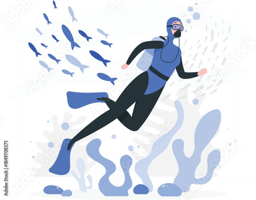 Scuba diver swimming with fish underwater blue wetsuit des