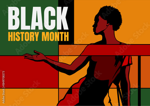 Black History Month banner, poster. Black woman with outstretched open hand - vector illustration