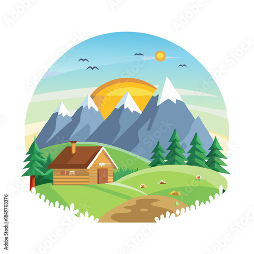 Idyllic landscape in the Alps with traditional mountain chalet and fresh green mountain pastures at sunrise