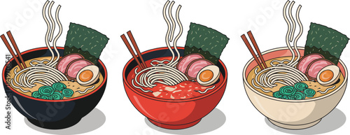 Japanese ramen noodle soup set with pork egg seaweed and scallions in bowls traditional asian cuisine