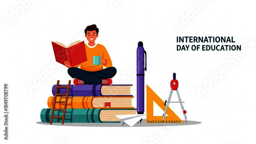 International Day of Education celebration with a student reading on a stack of books, symbolizing knowledge and learning