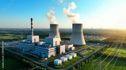 Wallpaper Mural Aerial drone footage of a massive industrial power plant with cooling towers emitting steam Torontodigital.ca