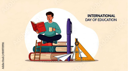 A student reading atop books with learning tools, signifying the universal importance of comprehensive education and the journey of intellectual growth