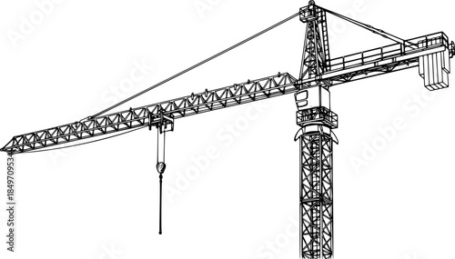 Black and white line drawing of a tower crane, detailed construction sketch. Vector illustration