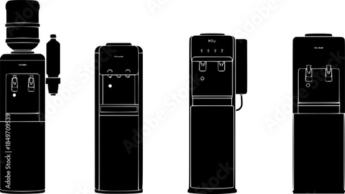 Collection of four distinct water cooler dispenser silhouettes on a white background