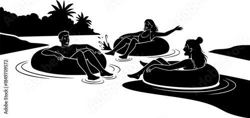 Friends Enjoying a Lazy River Tubing Adventure vector illustration silhouette isolated on white background