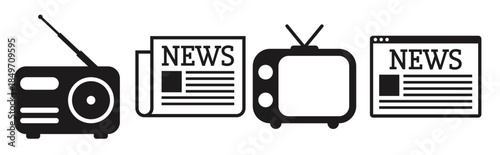 news icons set newspaper tv radio web site black